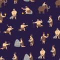 Cartoon Characters Caveman Cute People Seamless Pattern Background. Vector