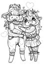 Cartoon characters, couple in love, kind bull in a sweater and scarf, with long ears and small horns and pretty cow