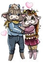 Cartoon characters, couple in love, kind bull in a sweater and scarf, with long ears and small horns and pretty cow Royalty Free Stock Photo