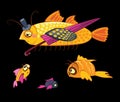 Cartoon characters, dandy fish with umbrella