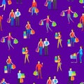 Cartoon Characters Different Shopping People Seamless Pattern Background. Vector Royalty Free Stock Photo