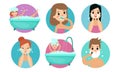 Routine Hygiene Procedures In The Bathroom Vector Illustration Set