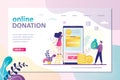 Cartoon characters donate money by online payments. Charity fundraising and support for those in need. Landing page template on