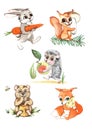 Cartoon characters: fox, hedgehog, bear, squirrel, hare