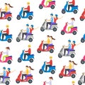 Cartoon Characters Group of People Riding Motorcycle Seamless Pattern Background . Vector