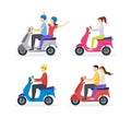 Cartoon Characters Group of People Riding Motorcycle Set. Vector