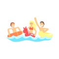 Happy three friends have fun with swim rubber rings in the sea Royalty Free Stock Photo