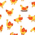 Cartoon Characters Happy Hens Seamless Pattern Background. Vector