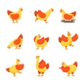 Cartoon Characters Happy Hens Set. Vector