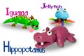 Cartoon characters, Iguana, Jellyfish and Hippopotamus isolated on white background