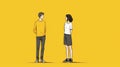 Cartoon Couple In Conceptual Realism Style On Yellow Background