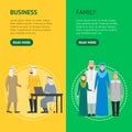 Cartoon Characters Muslim Man and Woman People Banner Vecrtical Set. Vector Royalty Free Stock Photo