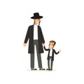 Cartoon characters of orthodox jews smiling father and his little son with payots. Religious family. Jewish rabbi