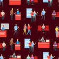 Cartoon Characters People In Cinema Theatre Seamless Pattern Background. Vector