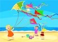 Cartoon characters play on the beach with kites. Vector