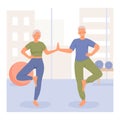 Cartoon characters of positive senior couple doing sports together