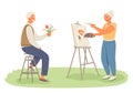 Cartoon characters of positive senior couple engaged in painting