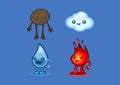 Four cute characters in kawaii style which symbolize the four main elements of the nature: earth, air, water and fire