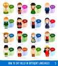 Cartoon characters saying hello in different languages. Royalty Free Stock Photo
