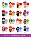 Cartoon characters saying hello in different languages.