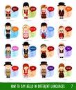 Cartoon characters saying hello in most popular languages. Royalty Free Stock Photo