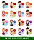 Cartoon characters saying hello in most popular languages. Royalty Free Stock Photo