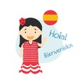 Cartoon characters saying hello and welcome in Spanish