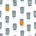 Cartoon Characters Smartphones Seamless Pattern Background. Vector