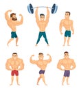 Cartoon characters of strong and muscular bodybuilders posing in different poses Royalty Free Stock Photo