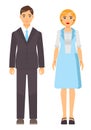 Blonde businesswoman wearing light blue office vest, blous, skirt, man wear classic office suit