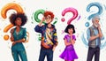 Cartoon Characters Surrounding Colorful Question Marks: A Visual Exploration of Confusion, Curiosity, Thoughtfulness, and Concern Royalty Free Stock Photo