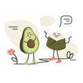 Cartoon characters talking. Japanese onigiri roll with avocado. Asian food. Doodle drawn vector illustration for dishes, menu,