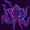 Cartoon characters under UV lights. Angry crab riding an octopus with a baracuda as a sword and being ready for battle.