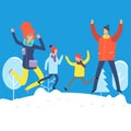 Cartoon characters in winter clothes. Happy family jumping in snowdrift