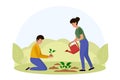 Cartoon characters of young couple planting tree together Royalty Free Stock Photo