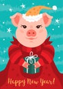 Cartoon pig Happy New Year 2019 greeting card. Christmas Piglet. Vector illustration