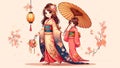Cartoon charming woman in a Japanese kimono in oriental national style with an umbrella. Traditional dress in Japan. Generated AI Royalty Free Stock Photo