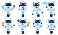 Cartoon chat bot characters, online virtual assistant mascot. Artificial intelligence service machine, friendly personal