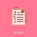 Cartoon checklist icon in comic style. Document check illustration pictogram. Diagram graph sign splash business concept