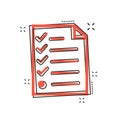 Cartoon checklist icon in comic style. Document check illustration pictogram. Diagram graph sign splash business concept.