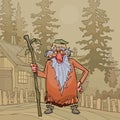 Cartoon cheerful bearded grandfather with a staff in his hand in the village