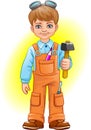 Cartoon cheerful builder boy with a hammer. Young master. Vector illustration.