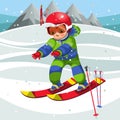 Cartoon cheerful child moving on ski in suit