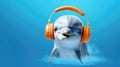Cartoon cheerful dolphin wearing headphones listening to music