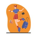 Cartoon cheerful happy girl going on trip and jumping vector