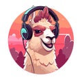 Cartoon cheerful llama listens to music in headphones.