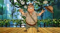 Cartoon cheerful male traveler stands on a wooden bridge in the jungle Royalty Free Stock Photo