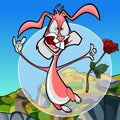 Cartoon cheerful pink hare jumps with a rose