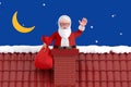 Cartoon Cheerful Santa Claus Granpa in Chimney of Snow Roof with Gift Bag. 3d Rendering