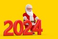 Cartoon Cheerful Santa Claus Granpa with Red 2024 New Year Sign. 3d Rendering